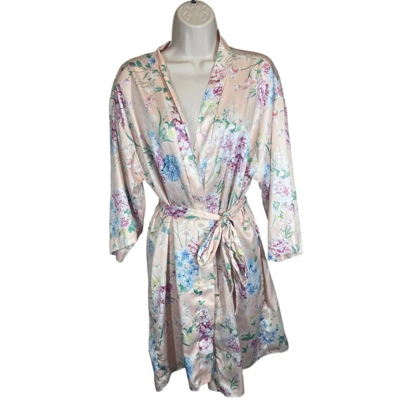 Flora Nikrooz pastel floral kimono satin robe women’s M/L bridal hydrangea print - Picture 1 of 10